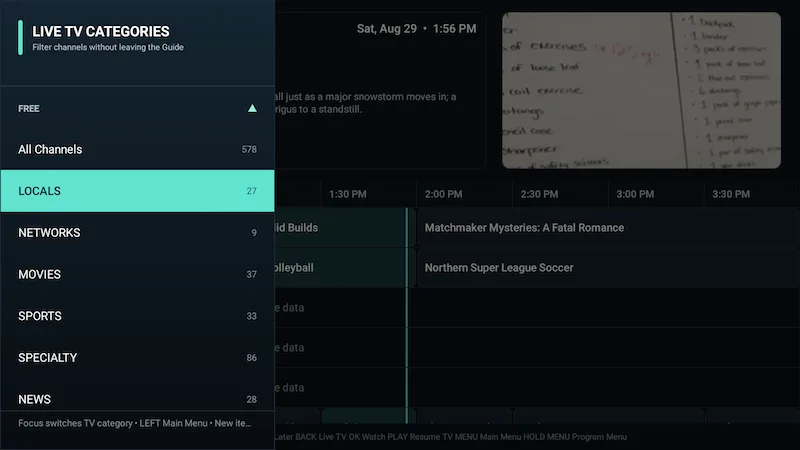 IPTuner Live TV category drawer beside the programme guide