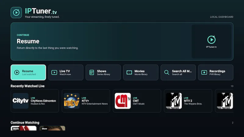 IPTuner Home dashboard with Resume, Live TV, Shows, Movies, Search and Recordings