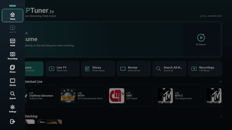 IPTuner Main Navigation over a playing stream