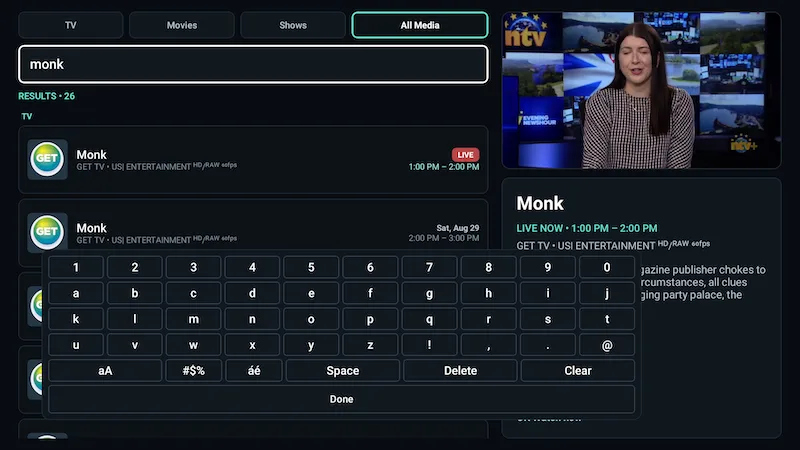 IPTuner unified Search with TV-focused on-screen keyboard