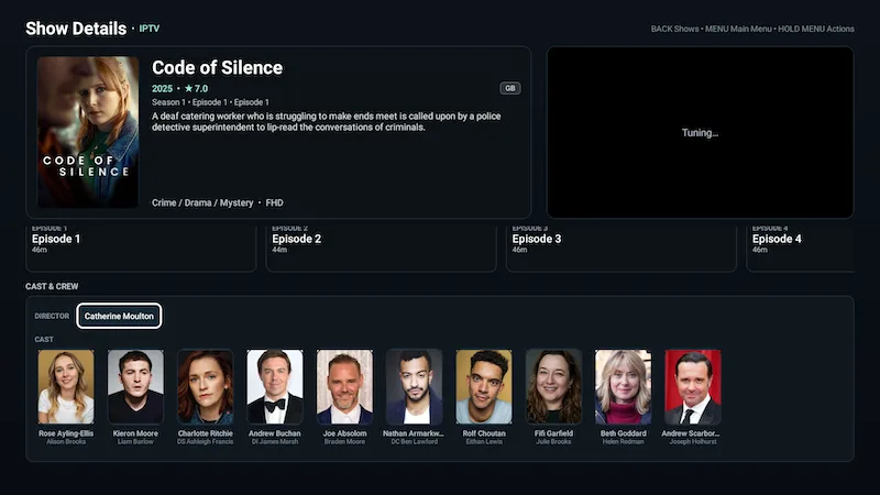 IPTuner Show Details with episodes and cast